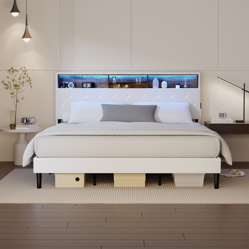 White King Bed Frame with LED Storage Bedhead