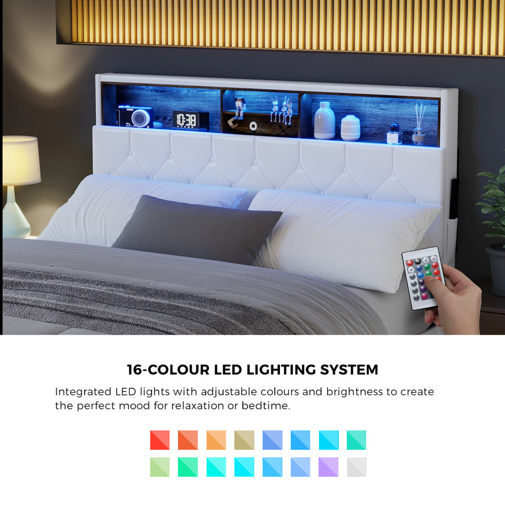 White King Bed Frame with LED Storage Bedhead