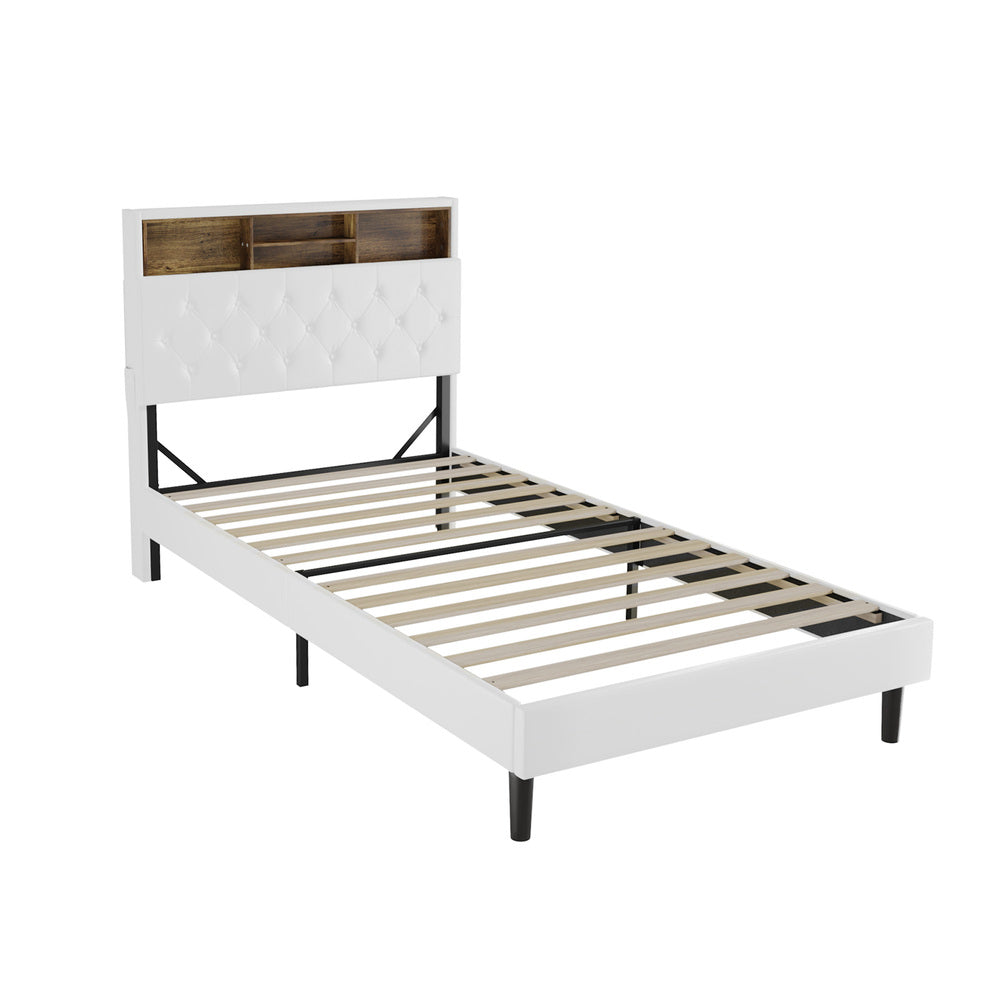 White King Single Bed Frame with LED Storage Bedhead and Modern Sleek Design