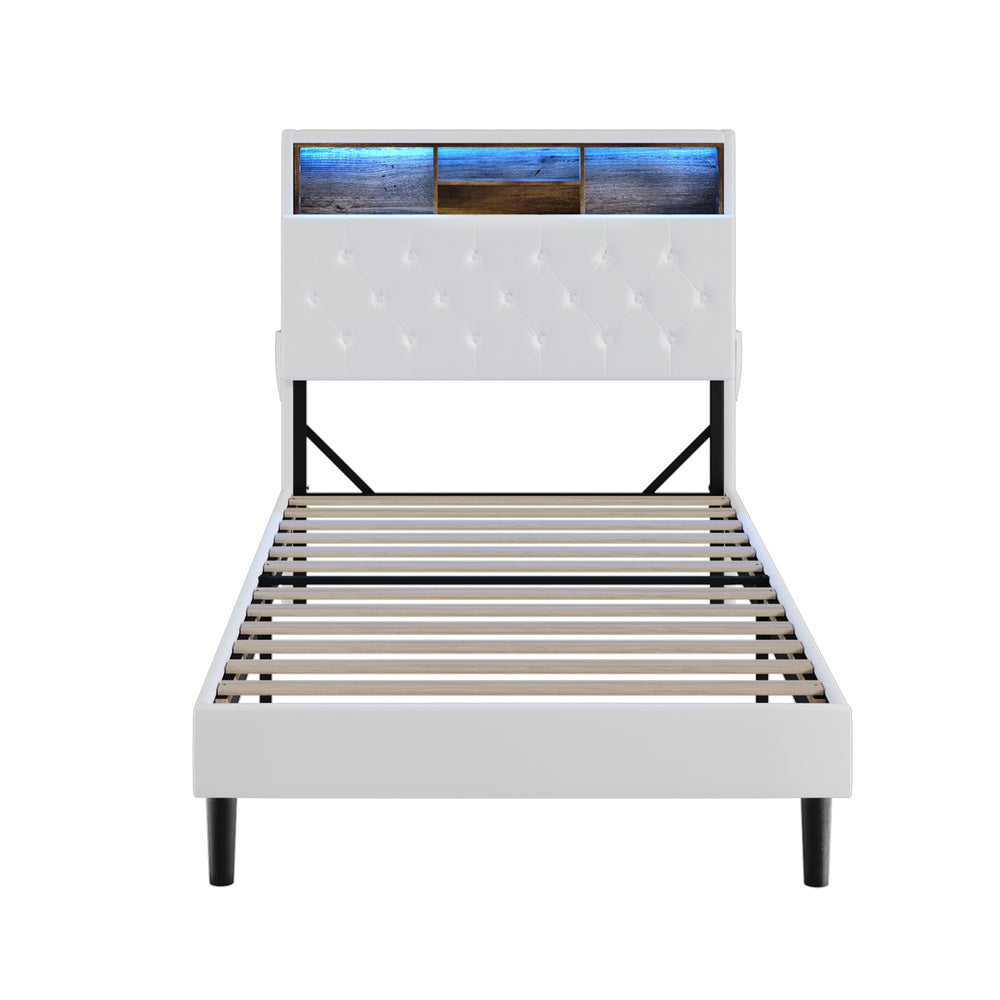 White King Single Bed Frame with LED Storage Bedhead and Modern Sleek Design