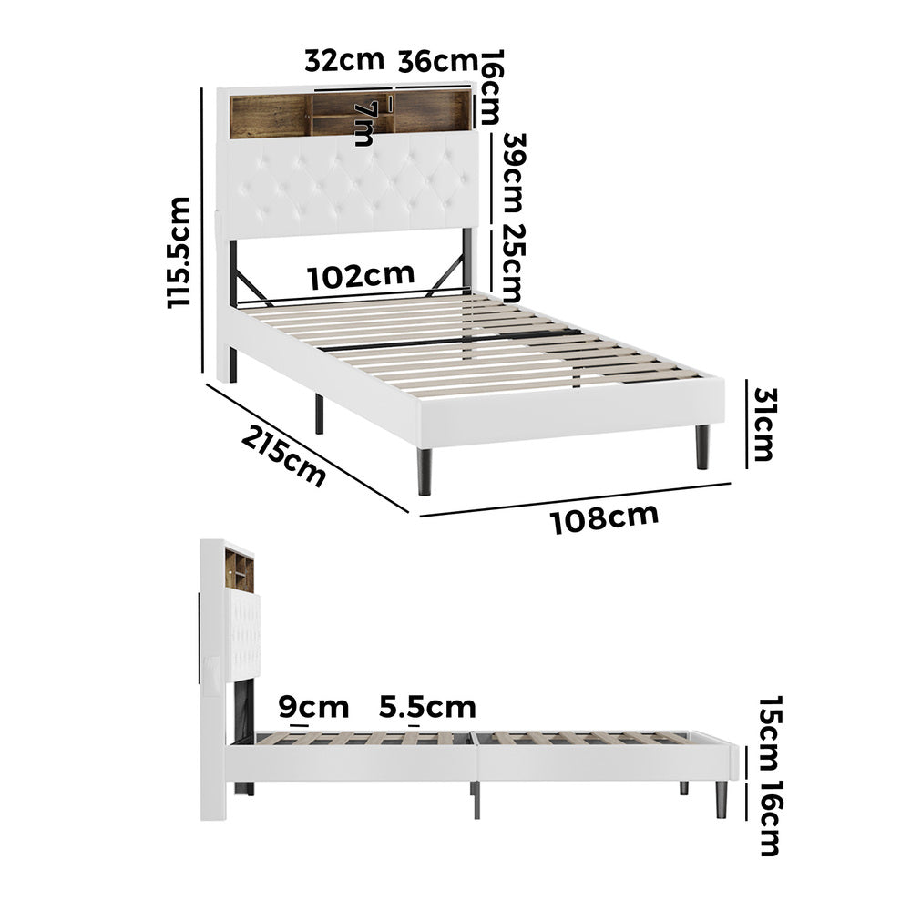 White King Single Bed Frame with LED Storage Bedhead and Modern Sleek Design