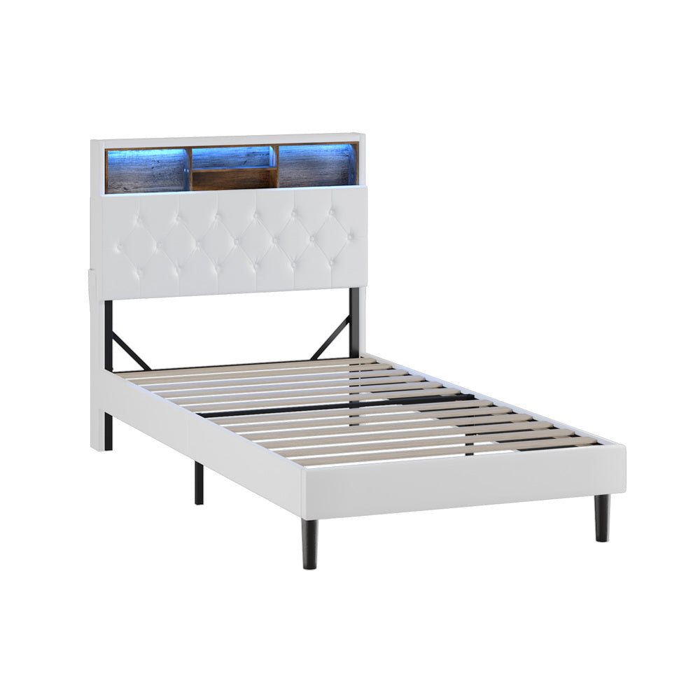 White King Single Bed Frame with LED Storage Bedhead and Modern Sleek Design