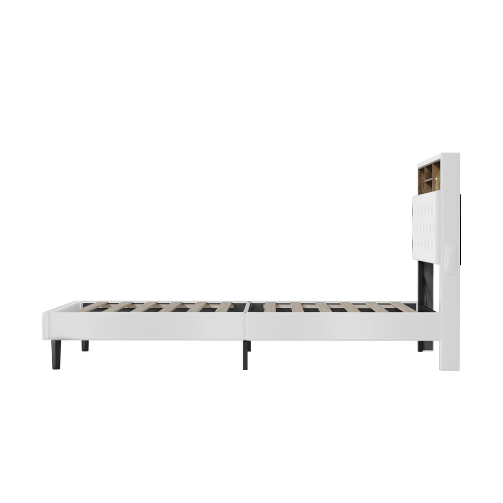 White King Single Bed Frame with LED Storage Bedhead and Modern Sleek Design
