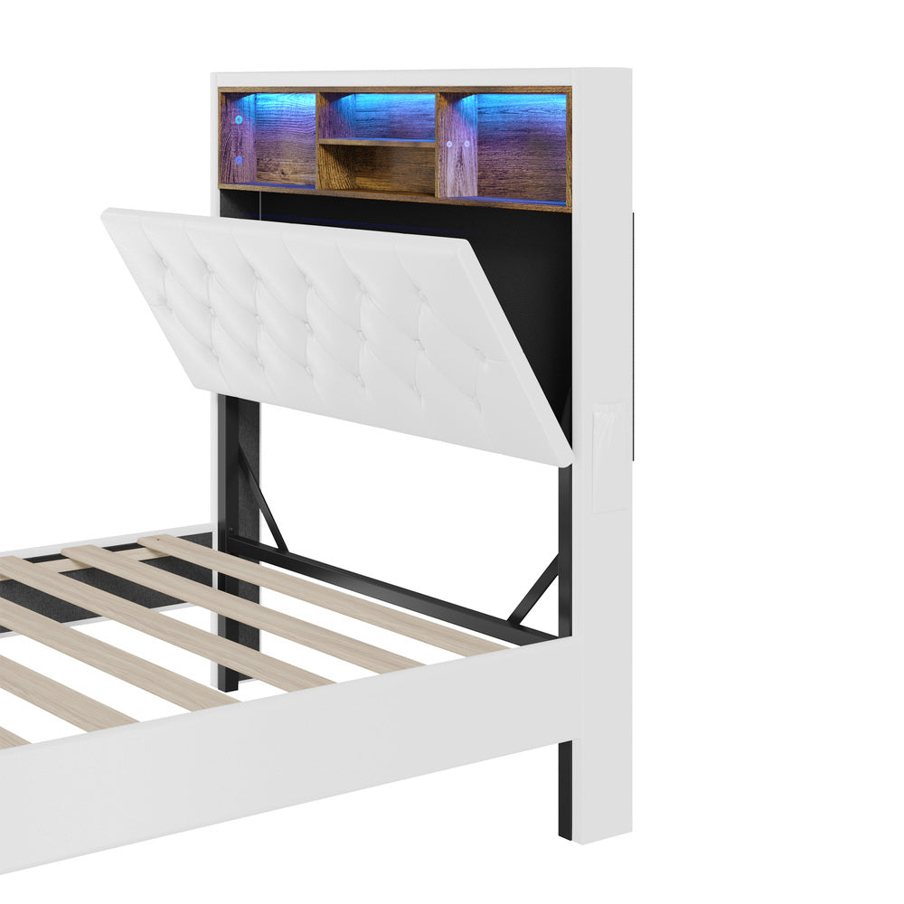 White King Single Bed Frame with LED Storage Bedhead and Modern Sleek Design