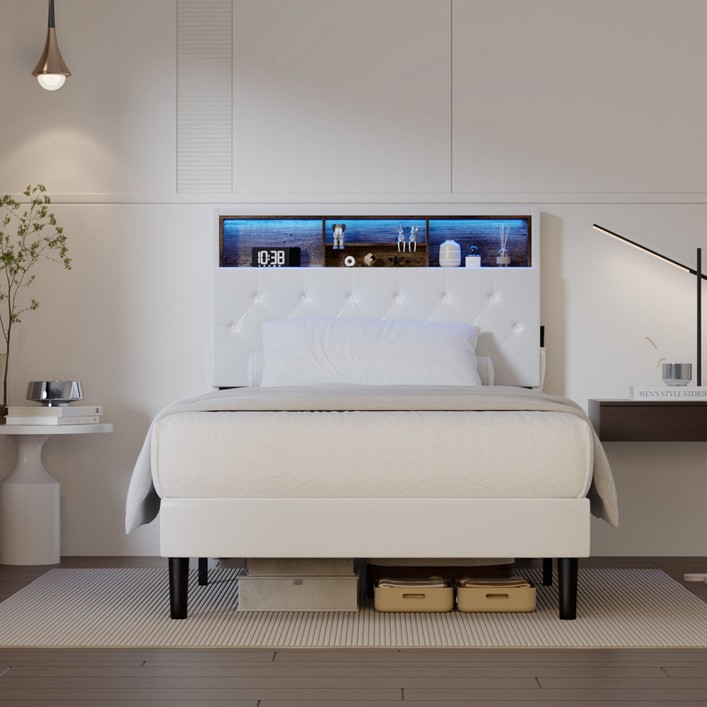 White King Single Bed Frame with LED Storage Bedhead and Modern Sleek Design