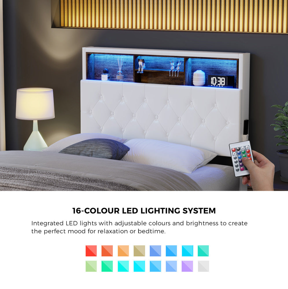 White King Single Bed Frame with LED Storage Bedhead and Modern Sleek Design