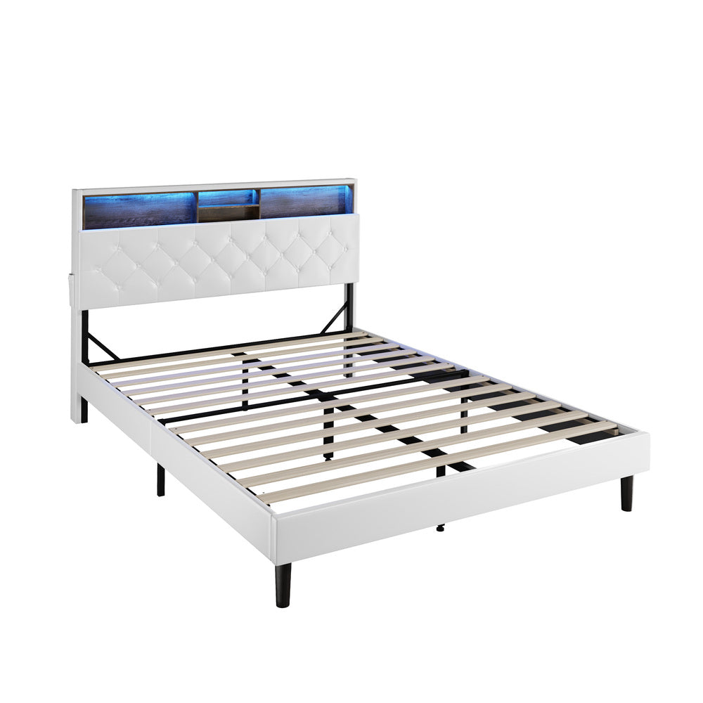 Stylish White Queen Bed Frame with LED Storage Bedhead