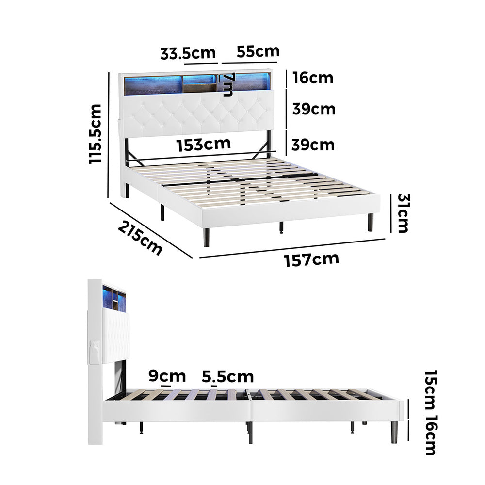 Stylish White Queen Bed Frame with LED Storage Bedhead
