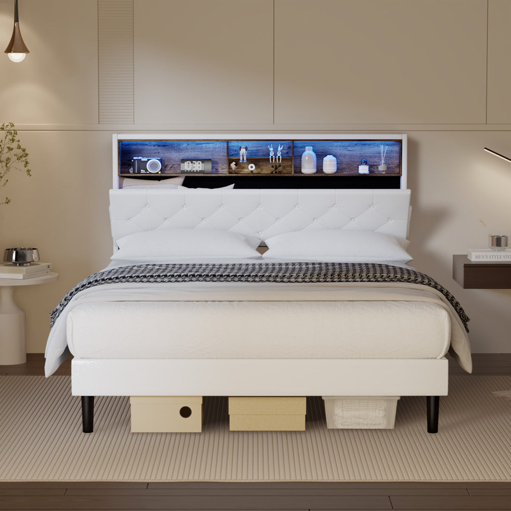 Stylish White Queen Bed Frame with LED Storage Bedhead