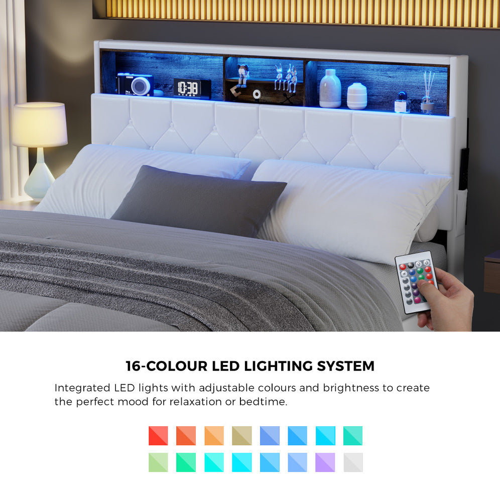 Stylish White Queen Bed Frame with LED Storage Bedhead