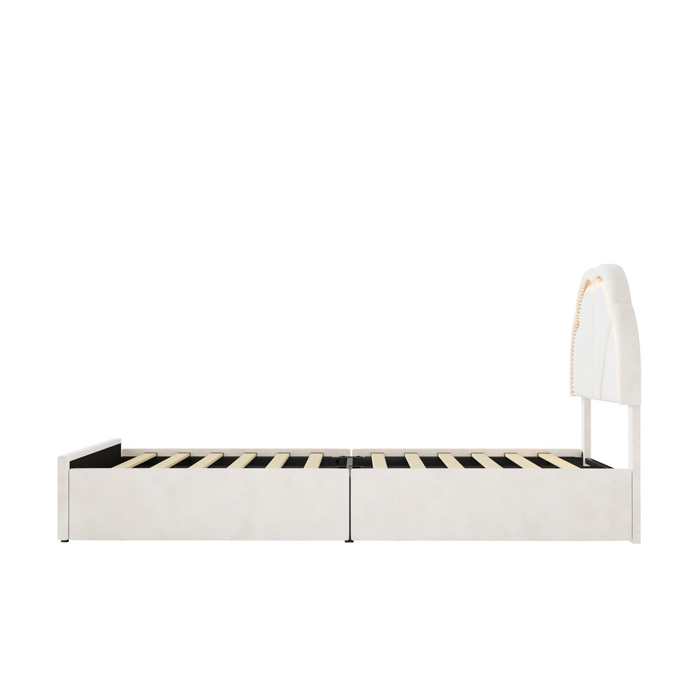 Beige bed frame king single, in room setting