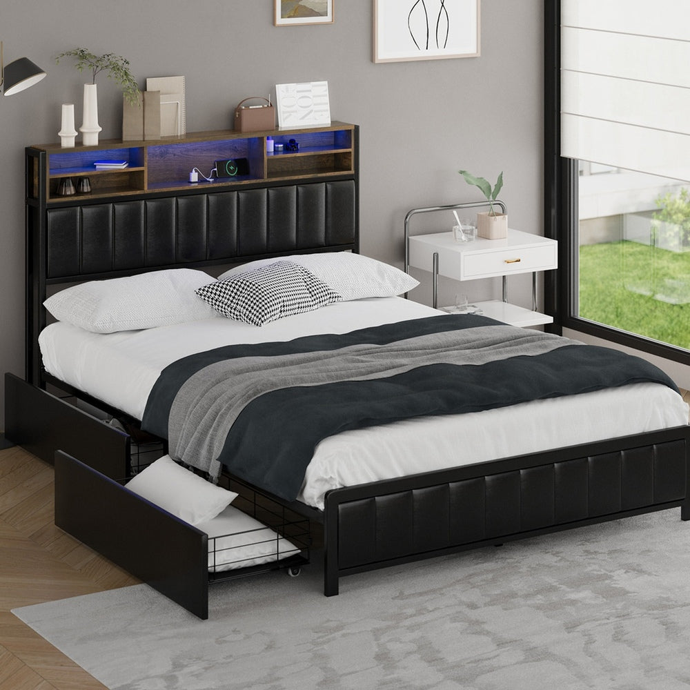 LED Storage Bed Frame Double Size with USB Charge Headboard