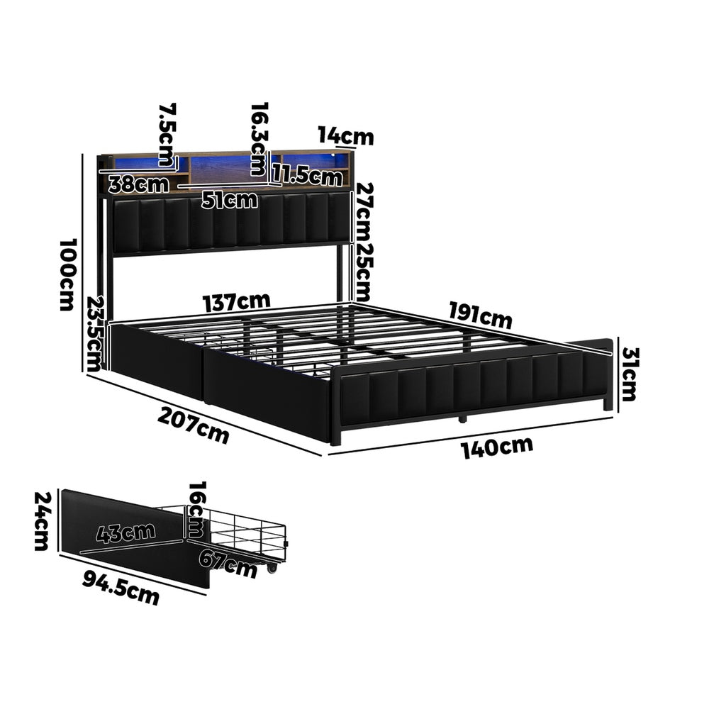 LED Storage Bed Frame Double Size with USB Charge Headboard