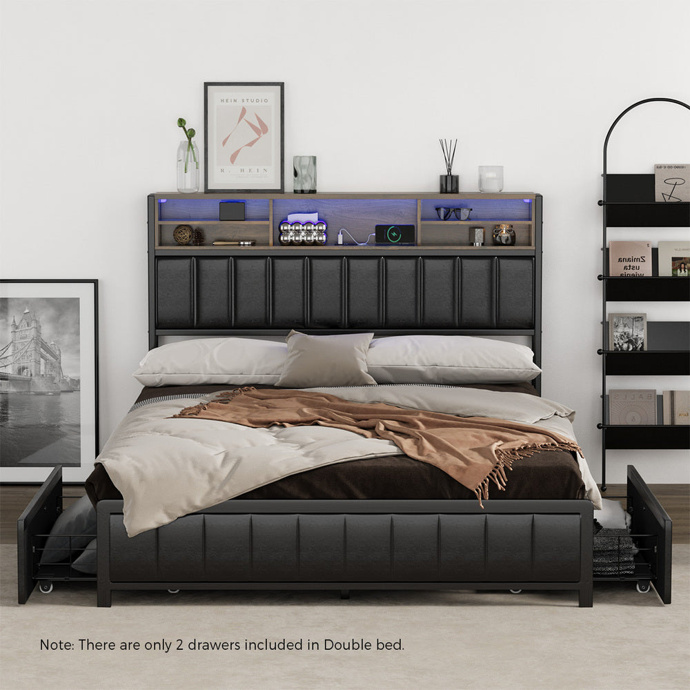 LED Storage Bed Frame Double Size with USB Charge Headboard