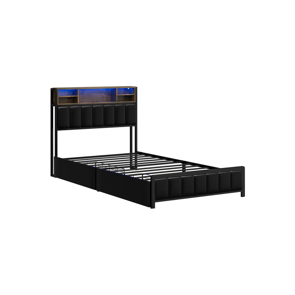 King Single Size Storage Bed Frame with LED Lights-USB Charging