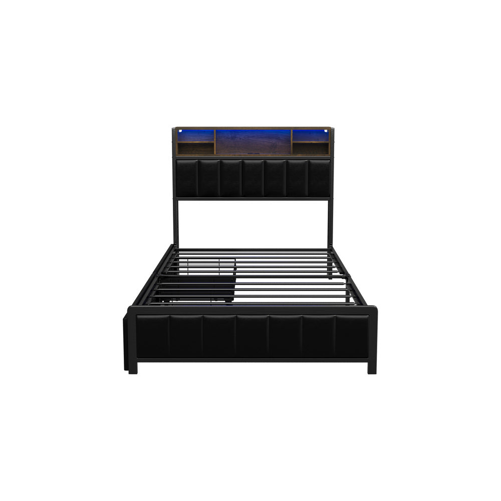 King Single Size Storage Bed Frame with LED Lights-USB Charging