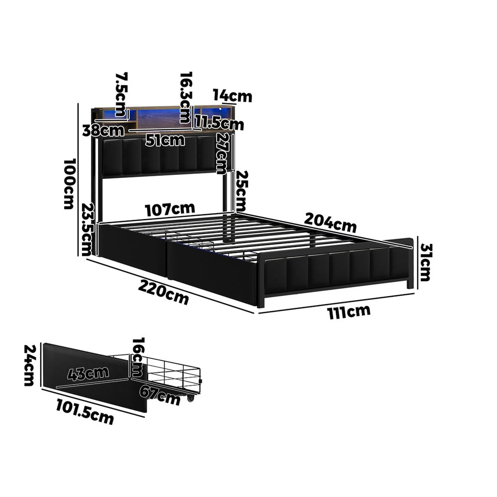 King Single Size Storage Bed Frame with LED Lights-USB Charging