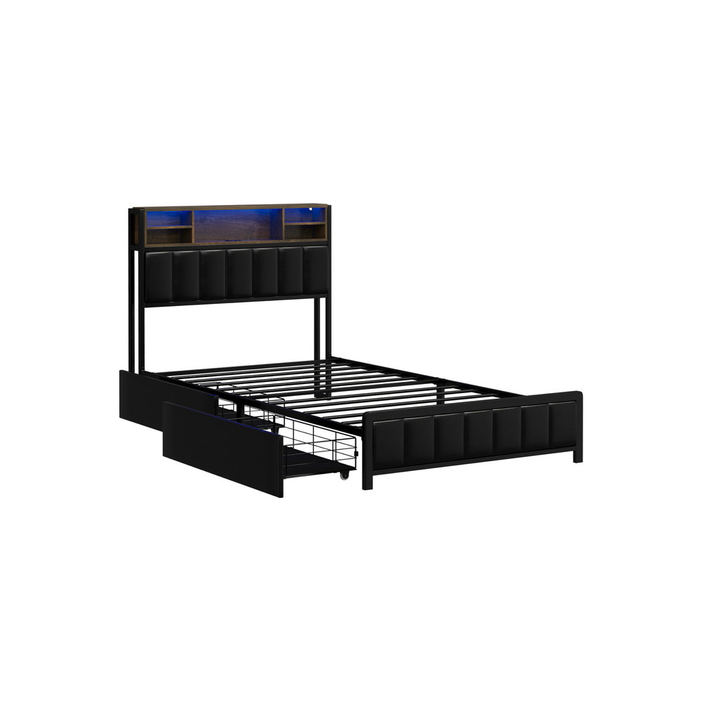 King Single Size Storage Bed Frame with LED Lights-USB Charging
