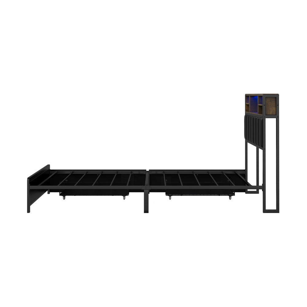 King Single Size Storage Bed Frame with LED Lights-USB Charging