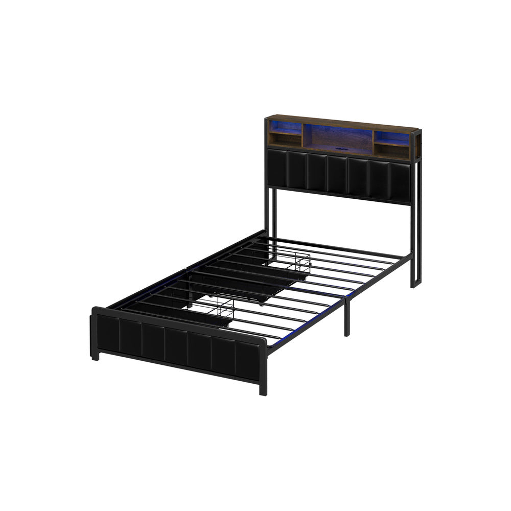 King Single Size Storage Bed Frame with LED Lights-USB Charging
