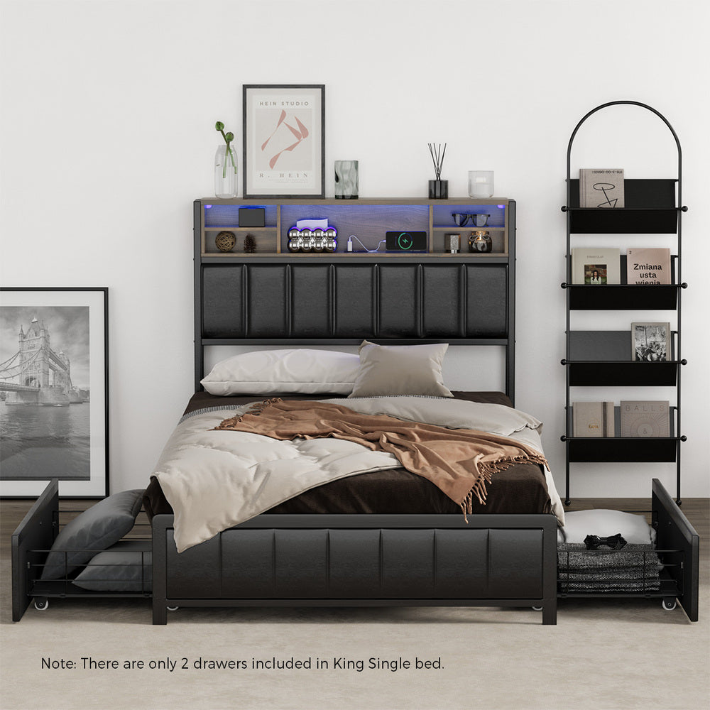 King Single Size Storage Bed Frame with LED Lights-USB Charging