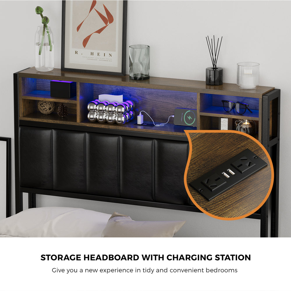 King Single Size Storage Bed Frame with LED Lights-USB Charging