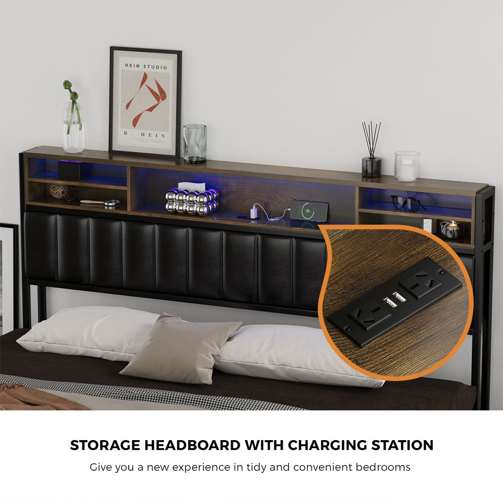 King Size LED Storage Bed Frame with USB Charging Headboard