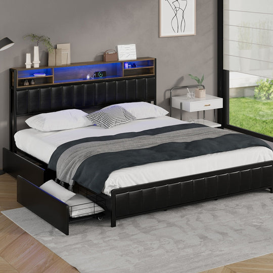 LED King Bed Frame with 4 Drawer Storage