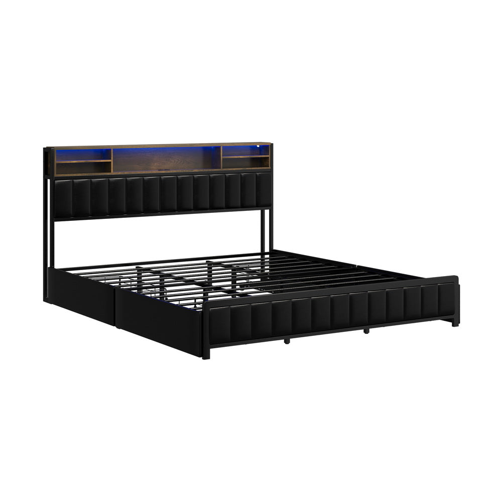 LED King Bed Frame with 4 Drawer Storage & USB Charge Headboard