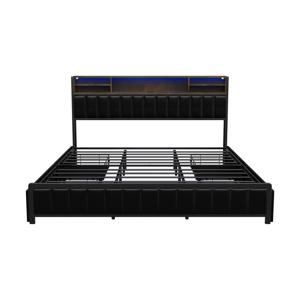 LED King Bed Frame with 4 Drawer Storage & USB Charge Headboard