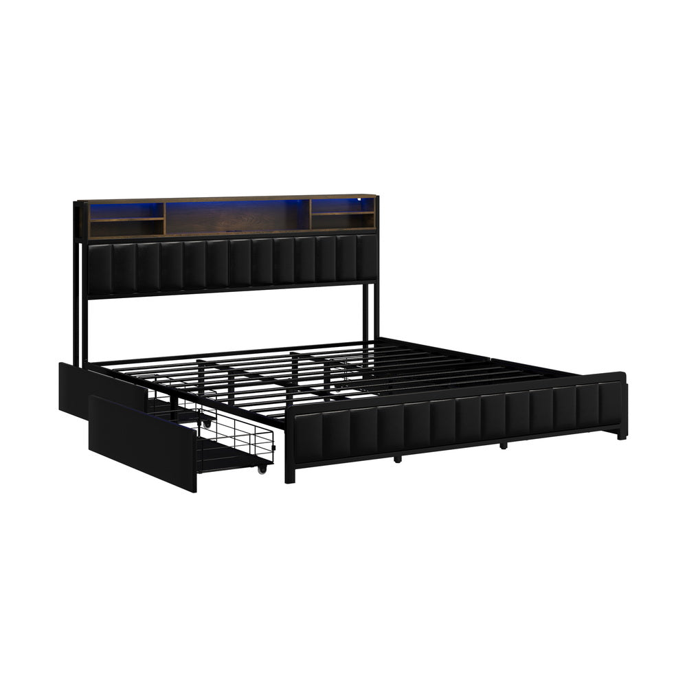 LED King Bed Frame with 4 Drawer Storage & USB Charge Headboard