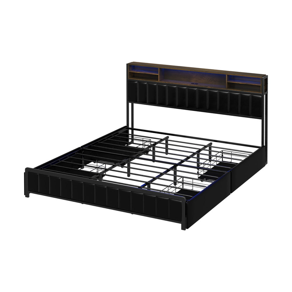 LED King Bed Frame with 4 Drawer Storage & USB Charge Headboard