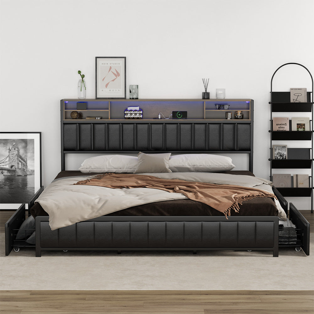 LED King Bed Frame with 4 Drawer Storage & USB Charge Headboard