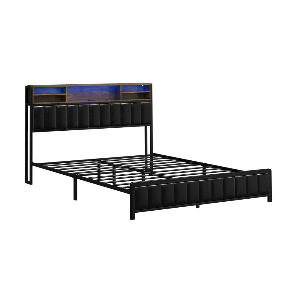Bed Frame Queen Size LED Storage Bedhead Leather Black
