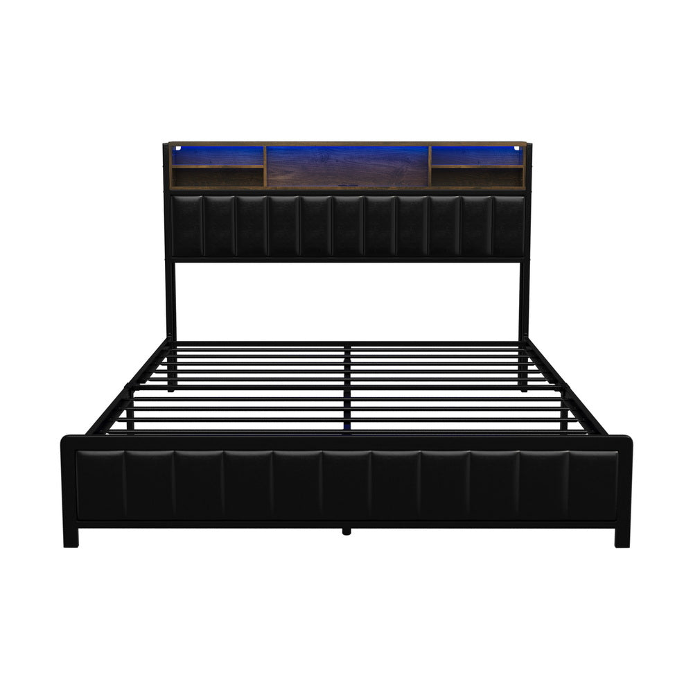 Bed Frame Queen Size LED Storage Bedhead Leather Black