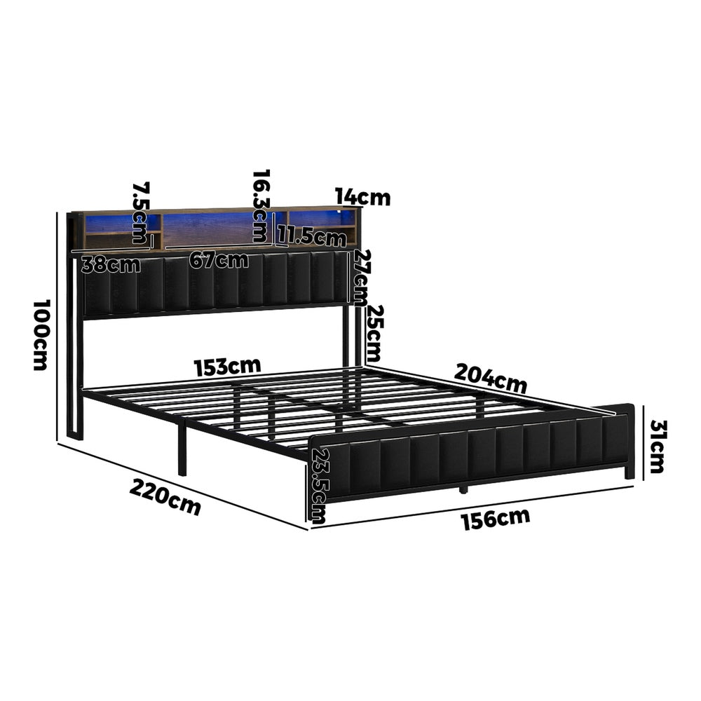 Bed Frame Queen Size LED Storage Bedhead Leather Black