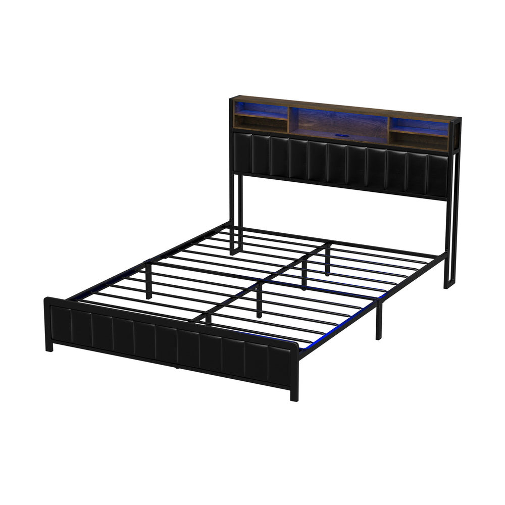 Bed Frame Queen Size LED Storage Bedhead Leather Black