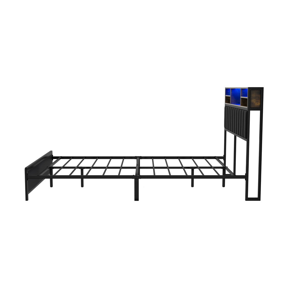 Bed Frame Queen Size LED Storage Bedhead Leather Black