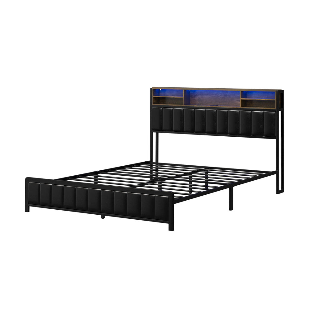 Bed Frame Queen Size LED Storage Bedhead Leather Black