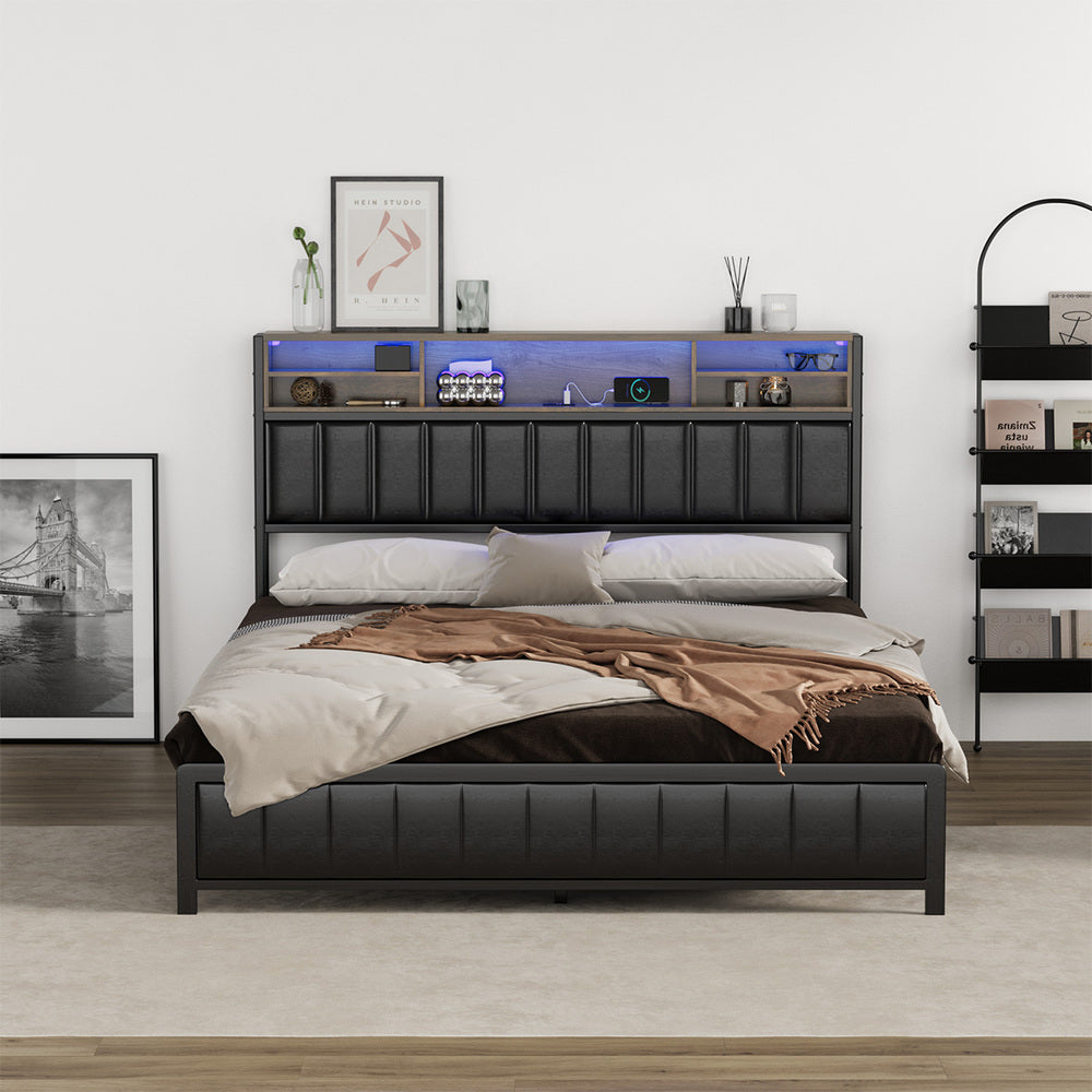 Bed Frame Queen Size LED Storage Bedhead Leather Black