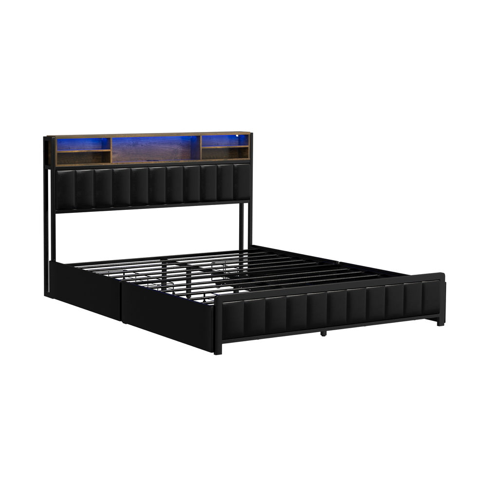 Bed Frame Queen Size LED Storage Bedhead Leather Black