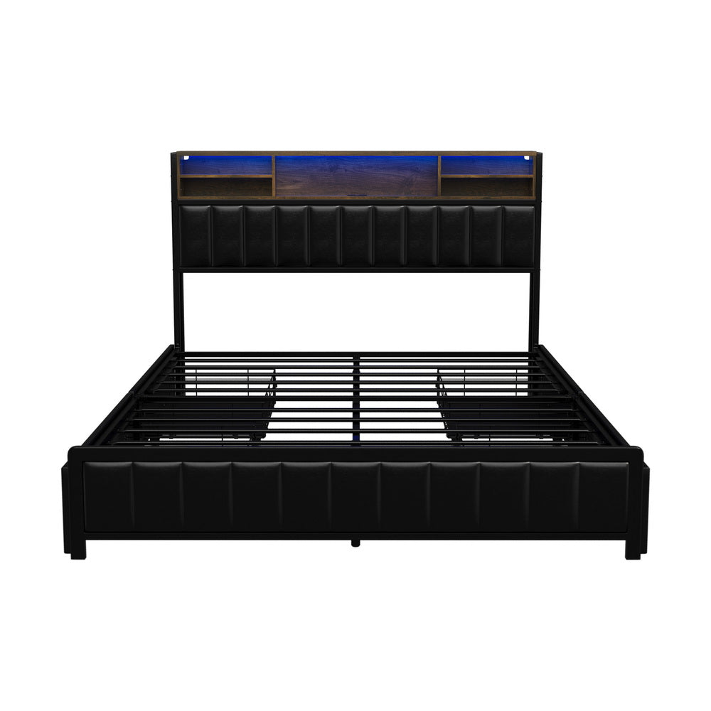 Bed Frame Queen Size LED Storage Bedhead Leather Black