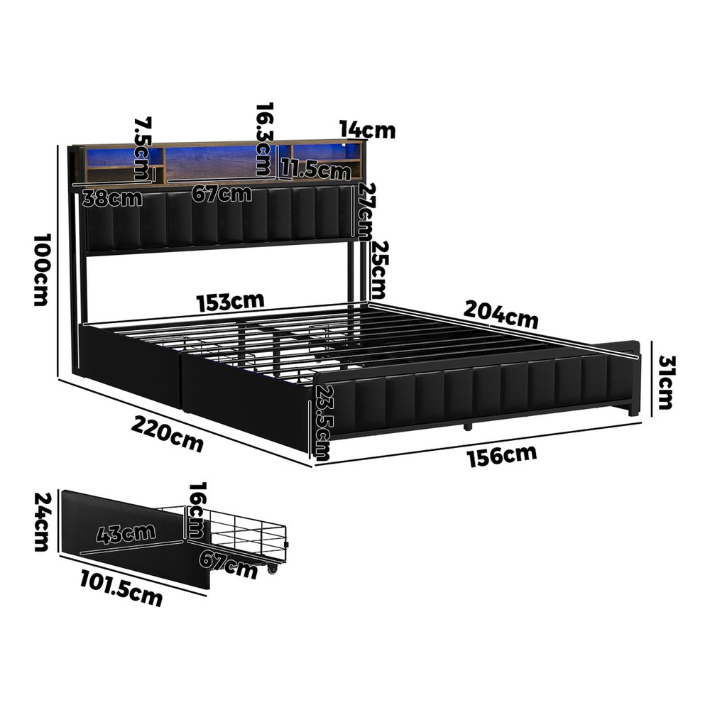 Bed Frame Queen Size LED Storage Bedhead Leather Black