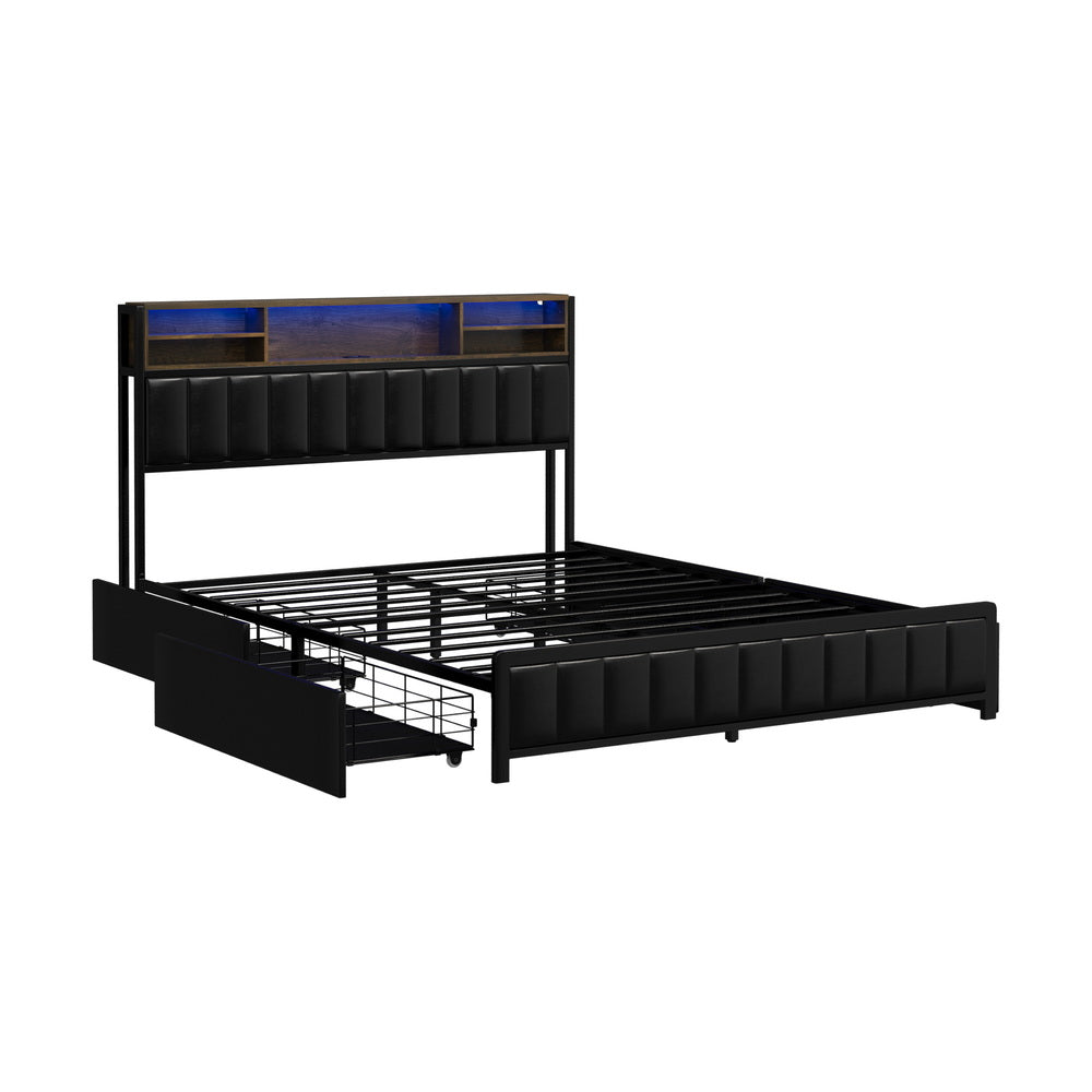 Bed Frame Queen Size LED Storage Bedhead Leather Black