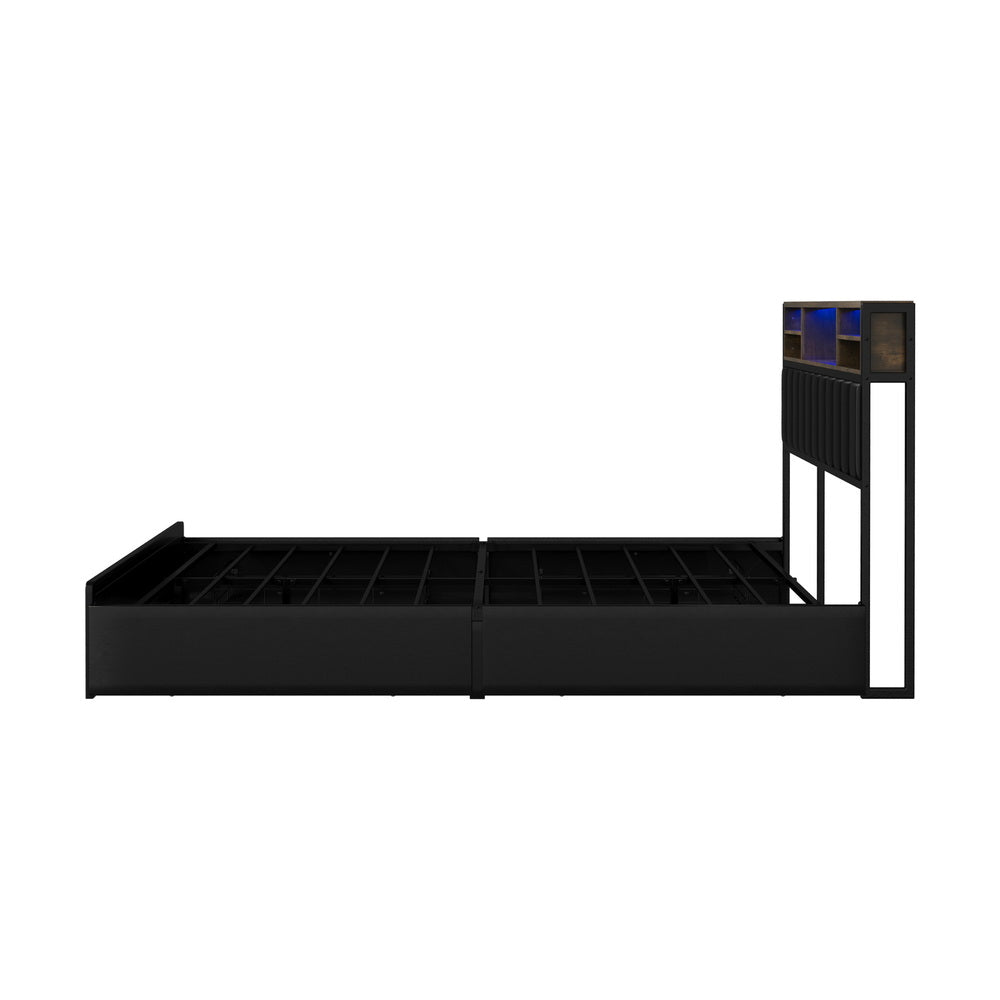 Bed Frame Queen Size LED Storage Bedhead Leather Black