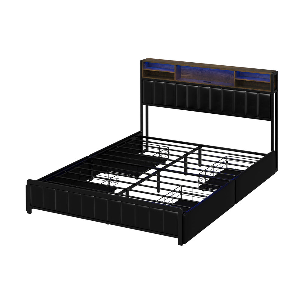 Bed Frame Queen Size LED Storage Bedhead Leather Black