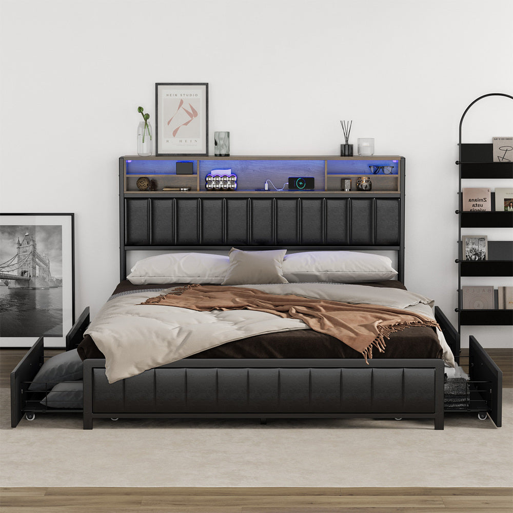 Bed Frame Queen Size LED Storage Bedhead Leather Black