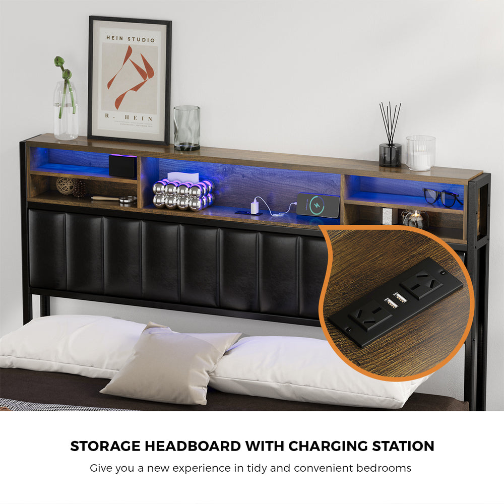 Bed Frame Queen Size LED Storage Bedhead Leather Black