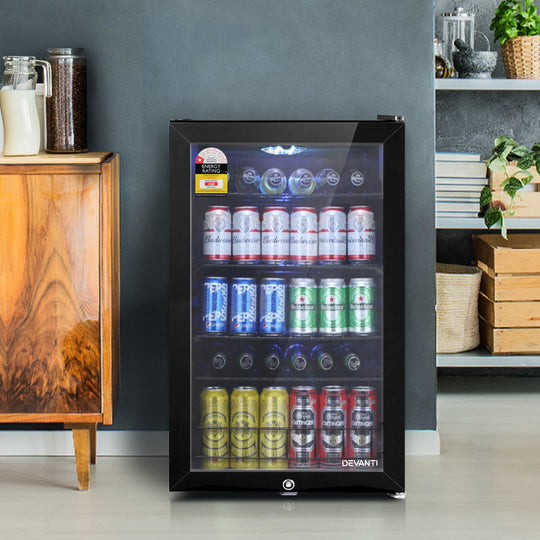 115L Bar Fridge Glass Door w/Light Black - Devanti Mini Freezer Countertop
