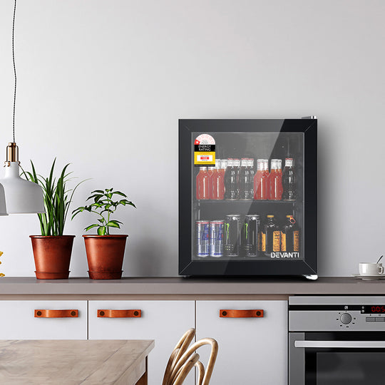 46L Bar Fridge Glass Door w/Light Black - Devanti Mini Countertop Freezer
